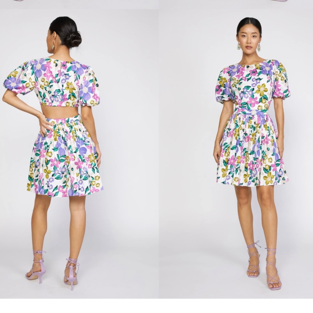 Current Air Cut Out Back Floral Puff Sleeve Pleated Babydoll mini Dress NWT